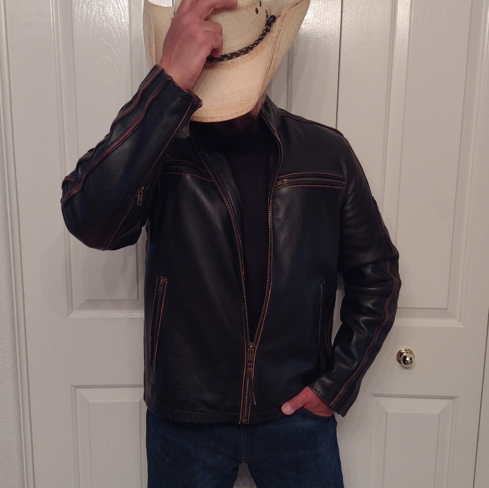 Men's Black Leather Jacket Black Rivet Sz L